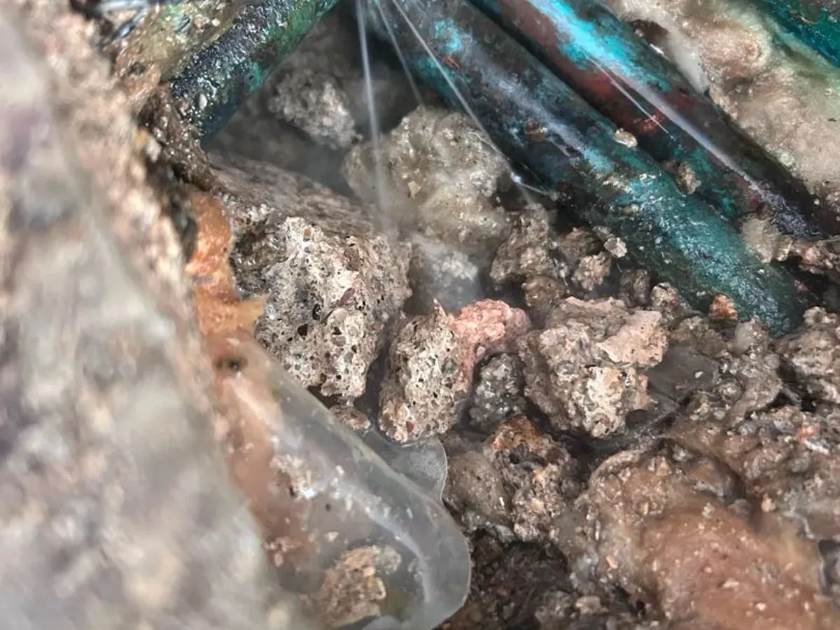 Wet copper pipes in broken concrete